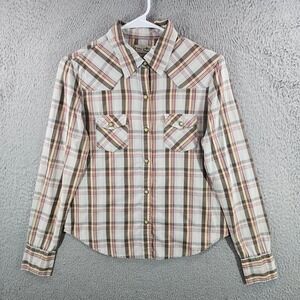 Fossil Brand Womens Small Western Snap Shirt Plaid Cotton Long Sleeve Brown Red